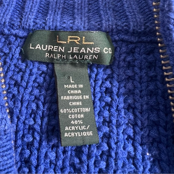 LAUREN RALPH LAUREN Blue Cable Knit Full-Zip Cotton blend Sweater SizeL - Picture 5 of 8